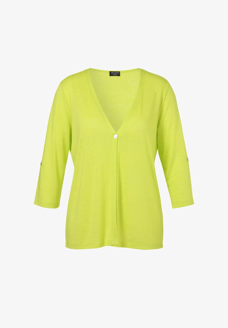 V-hals, cardigan met lange mouwen in fel limoengroen. Gemaakt van zachte stof, met een enkele knoopsluiting en mouwmanchetten met een knoopdetail.