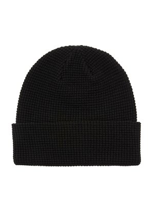 Schwarze Strickmütze mit umgeschlagenem Bund, ausgestattet mit einem Waffelstrickmuster und abgerundetem oberen Teil.
