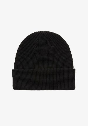 Zwarte gebreide beanie met omgeslagen rand, met een wafelstructuur en een ronde top.