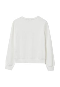 Weißer Pullover mit rundem Ausschnitt, langen Ärmeln, gerippten Bündchen und Saum. Glatte Textur, ohne Muster oder Akzente. Rückansicht gezeigt.