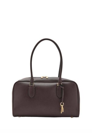 Dark brown leather handbag with rounded shape, double handles, gold-tone hardware, and a small hanging keychain. Smooth texture, minimalistic design.