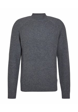 Ciemnoszary prążkowany sweter z długimi rękawami i lekko podniesionym okrągłym dekoltem, pokazany na płasko z przodu.