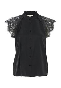 Black blouse featuring lace cap sleeves, button front closure, and a smooth texture. Fitted design with a high neckline.