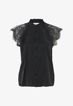 Fekete blúz csipkés kisujjakkal, gombos elülső záródással és sima felülettel. Formához simuló kialakítás, magas nyakkivágással.