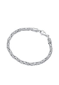 Bracciale intrecciato in argento con chiusura a gancio; presenta maglie intrecciate e una superficie liscia, che mette in risalto una finitura metallica lucida.