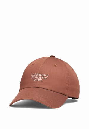 Brown baseball cap with curved brim and white embroidery reading "U. ARMOUR ATHLETIC DEPT." on the front center.