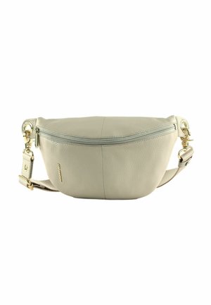 Sac banane en cuir beige clair avec une fermeture éclair à l'avant, une sangle ajustable et des fermoirs métalliques dorés de chaque côté.