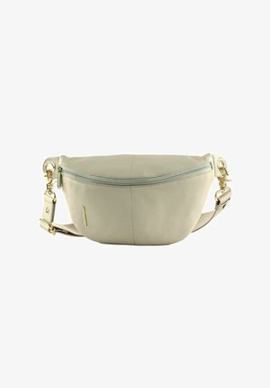 Sac banane en cuir beige clair avec une fermeture éclair à l'avant, une sangle ajustable et des fermoirs métalliques dorés de chaque côté.
