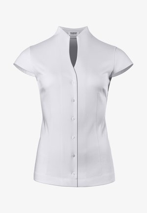 White short-sleeve shirt with a mandarin collar, featuring a front button closure and smooth, textured fabric. Tailored fit with side seams.