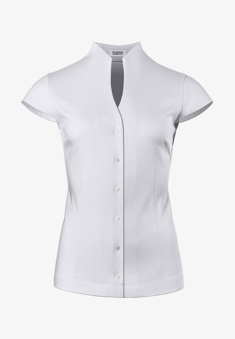 White short-sleeve shirt with a mandarin collar, featuring a front button closure and smooth, textured fabric. Tailored fit with side seams.