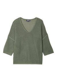 Pull-over en tricot vert à mailles larges, à manches longues et col en V, avec une coupe ample et un motif texturé. Comprend des manches larges et un ourlet côtelé.