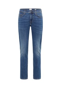 Ciemnoniebieskie dżinsy o prostym kroju nogawki, z przednimi kieszeniami, widocznym przeszyciem i subtelnym efektem przytłumionej barwy.