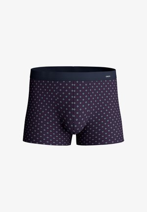 Navy boxer briefs with a geometric pattern of diamonds in light blue and burgundy. Soft fabric with a wide elastic waistband.