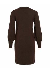 Bruine gebreide jurk met lange, puffed mouwen, een ronde halslijn en geribbelde manchet. Glad textuur; knielange ontwerp met een aansluitende silhouet.