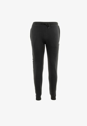 Crne sportske hlače izrađene od mekanog materijala, s elastičnim strukom na vezanje, bočnim džepovima i rebrastim manžetama. Jednostavan dizajn bez uzoraka.