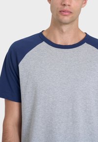 T-shirt raglan a maniche corte grigio e blu navy. Tessuto morbido, scollatura rotonda, maniche a contrasto, texture liscia, design casual.