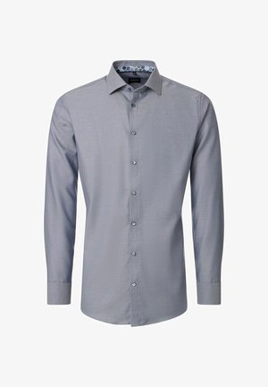 Szara męska koszula wizytowa z długim rękawem, zapinana na guziki, z kołnierzem typu spread i subtelnym wzorem wewnątrz kołnierza, przedstawiona na białym tle.