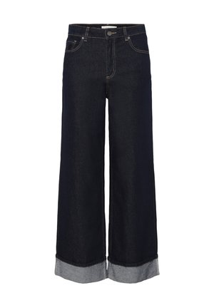 Wide-leg dark denim jeans with a high waist, featuring rolled cuffs in lighter denim. Includes front pockets and metal button closure.