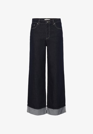 Jeans en denim foncé à jambes larges et taille haute, avec des ourlets roulés en denim plus clair. Comprend des poches avant et une fermeture à bouton métallique.