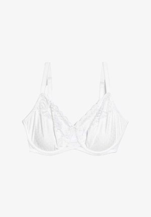 Soutien-gorge blanc avec un motif à pois, des bordures en dentelle et des bretelles réglables. Matériau doux avec un design à armature pour un bon maintien.