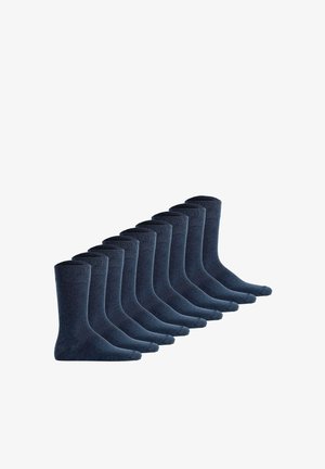 Ten pairs of plain dark blue crew-length socks arranged neatly in a diagonal row on a white background.