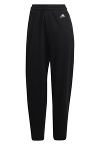 Černé tepláky Adidas s pružným pasem na šňůrku, zúženými nohavicemi, bočními kapsami a malým logem v růžové barvě na levém boku.