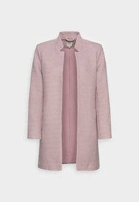 Abrigo rosa claro con un patrón texturizado de espiga, delantero abierto, mangas largas y forro interior liso, con un diseño minimalista.