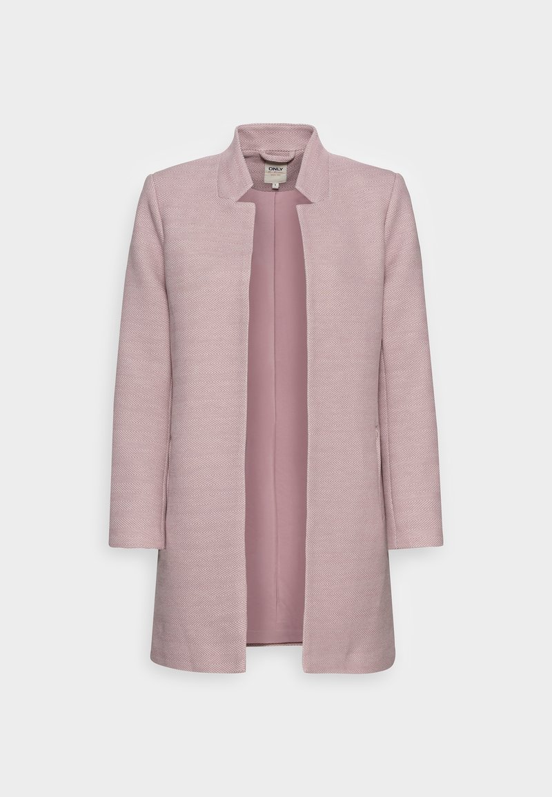 Abrigo rosa claro con un patrón texturizado de espiga, delantero abierto, mangas largas y forro interior liso, con un diseño minimalista.