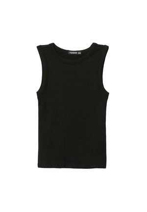 Čierny tielkový top bez rukávov s okrúhlym výstrihom a širokými ramennými popruhmi, jednoduchý dizajn bez viditeľných vzorov alebo log.