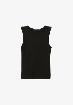 Čierny tielkový top bez rukávov s okrúhlym výstrihom a širokými ramennými popruhmi, jednoduchý dizajn bez viditeľných vzorov alebo log.