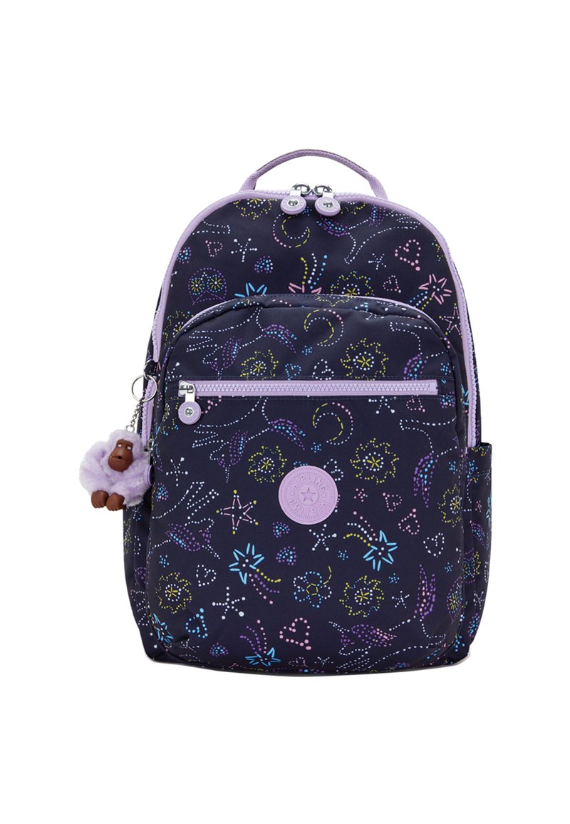 Zaino navy con motivi floreali e stellari colorati, dotato di una cerniera lavanda e di un piccolo portachiavi a forma di gorilla attaccato.