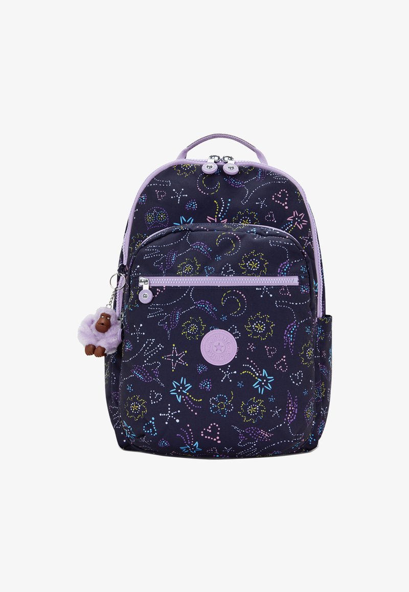 Zaino navy con motivi floreali e stellari colorati, dotato di una cerniera lavanda e di un piccolo portachiavi a forma di gorilla attaccato.