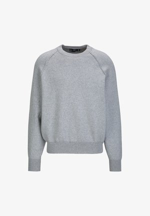Grijze sweatshirt met een ronde hals, rib gebreide manchetten en zoom, gemaakt van een zachte katoenmix. Beschikt over raglanmouwen en een subtiele textuur.