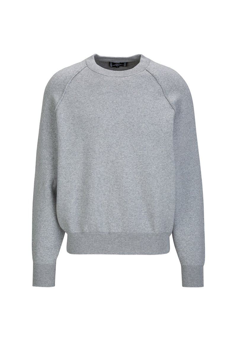 Grauer Sweatshirt mit Rundhalsausschnitt, gerippten Bündchen und Saum, aus weichem Baumwollmischgewebe gefertigt. Enthält Raglanärmel und eine subtile Textur.