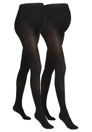 Two pairs of black opaque maternity tights displayed on mannequins with extended belly panels.