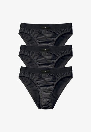 Drei Paar schwarze Herrenunterhosen aus glattem Material, mit elastischem Bund und Logodetail auf der Vorderseite, in einem Stapel angeordnet.