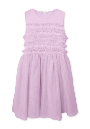 Vestito senza maniche lilla con corpetto arricciato, scollatura rotonda e gonna arricciata. Realizzato in un tessuto morbido e leggero.