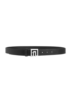 Black leather belt with silver geometric square buckle and multiple adjustment holes.