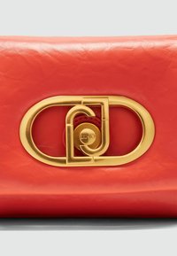Rote Leder-Clutch mit einem markanten ovalen Verschluss aus goldfarbenem Metall mit ineinander verschlungenen Formen. Glatte Textur, minimalistisches Design.