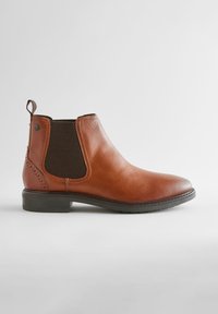 Brown leather ankle boot with elastic side panels, smooth texture, rounded toe, and a pull tab. Features a low stacked heel and subtle stitching.