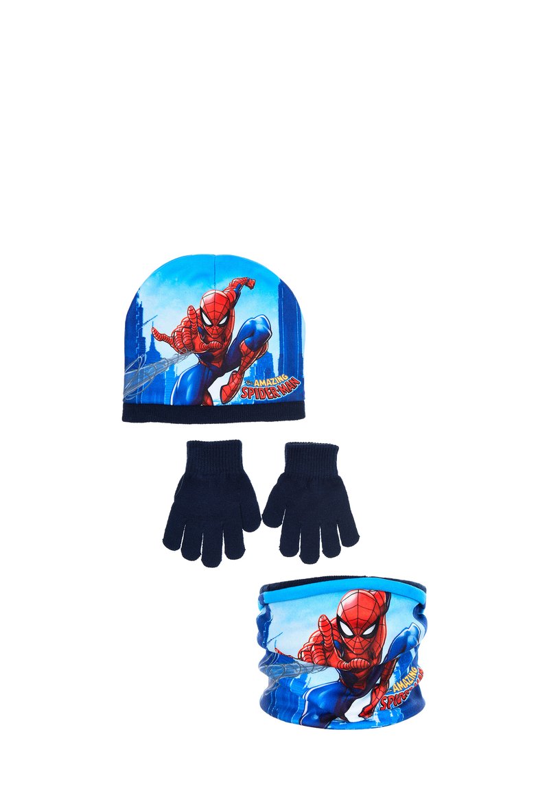 Spider-Man themed winter accessories include a beanie, gloves, and neck gaiter in blue and navy with graphic design elements.