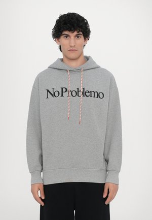 Gray hoodie in soft material with a front graphic text "No Problemo," featuring red and white drawstrings and a relaxed fit.