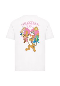 Weiße Baumwoll-T-Shirt mit einem bunten Cartoon-Design, das verschiedene Charaktere zeigt und dem Text "BREAKFAST CLUB" in Pink auf dem Rücken.