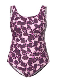 Eendelig badpak met een roze en paarse abstracte luipaardprint, brede bandjes en een klassiek gesneden ontwerp. Glad stoftextuur.