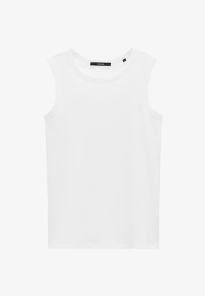 Top senza maniche bianco realizzato in un tessuto a coste, con scollatura rotonda e orlo dritto, dotato di una piccola etichetta nera con logo sul collo.