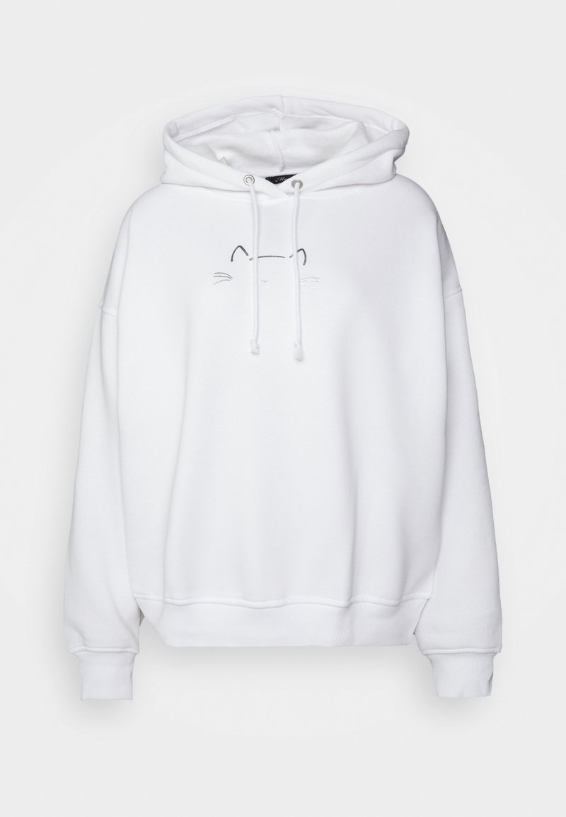 Sweat à capuche blanc avec broderie minimaliste d’un visage de chat noir sur la poitrine, avec cordons de serrage et poignets et ourlet côtelés.