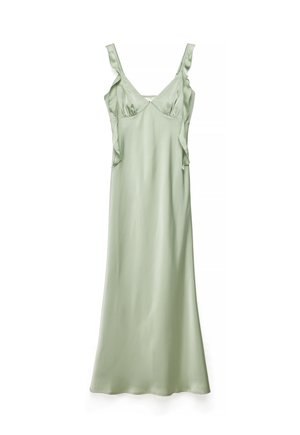 Abito a sottoveste in raso verde chiaro con spalline arricciate e busto aderente, che si trasforma in una gonna lunga e liscia.