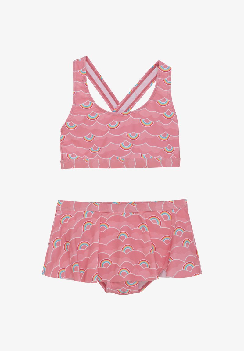 Maillot de bain deux pièces rose avec des bretelles croisées, doté d'un motif en forme de volants et d'accents arc-en-ciel sur le haut et le bas à jupe.