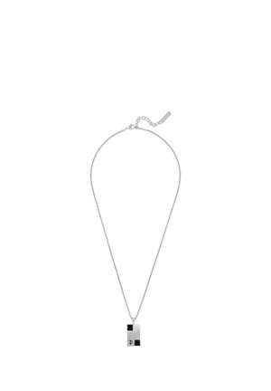 Silver chain necklace with rectangular metallic pendant featuring black accents and a small engraved letter P.