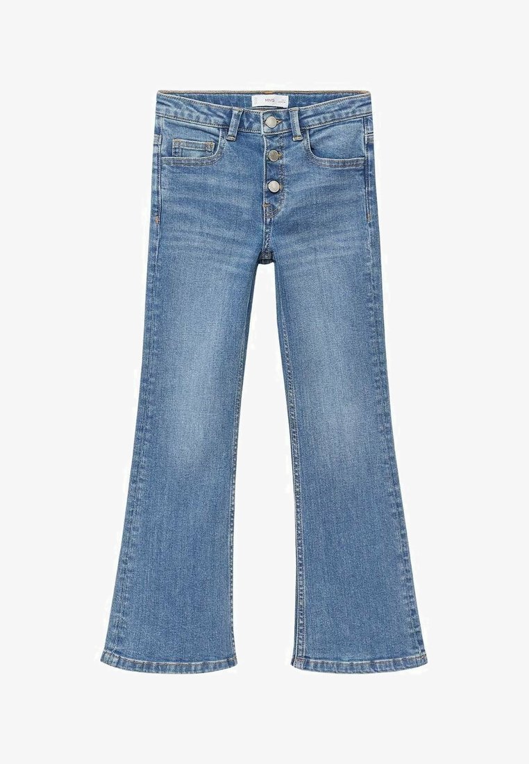 Jean en denim bleu taille haute avec trois boutons en métal, poches avant et jambes légèrement évasées.